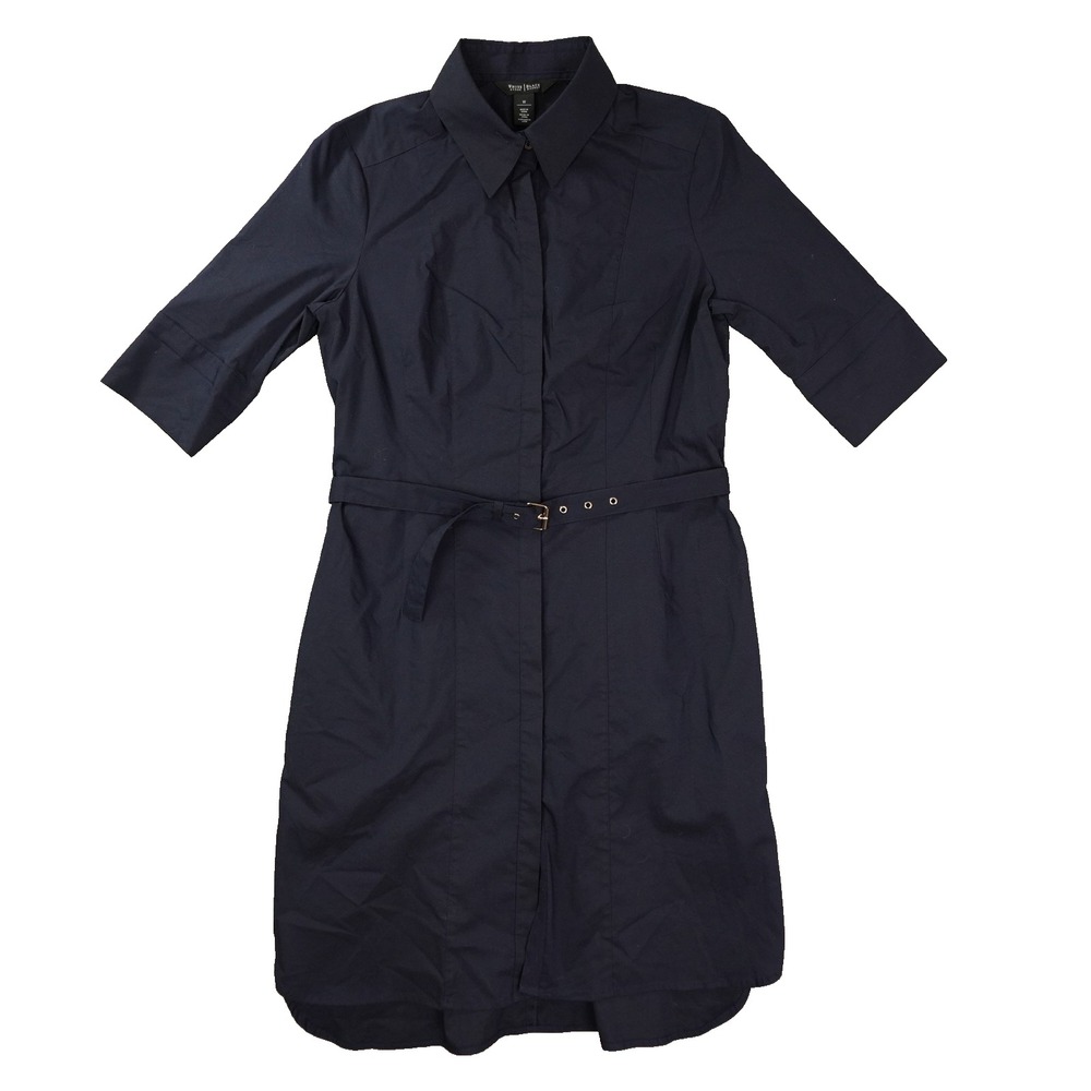 White House Black Market Shirt Dress Women's 10 Belted Navy Blue Coastal NWT
